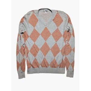 J.Lindeberg Argyle Sweater XL‎ Cotton Angora Blend Gray Orange V-Neck